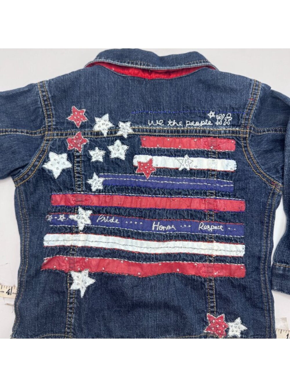 Patriotic Chicettes Chicos Denim Jacket Kids Size 2 Stars Stripes Embroidery But